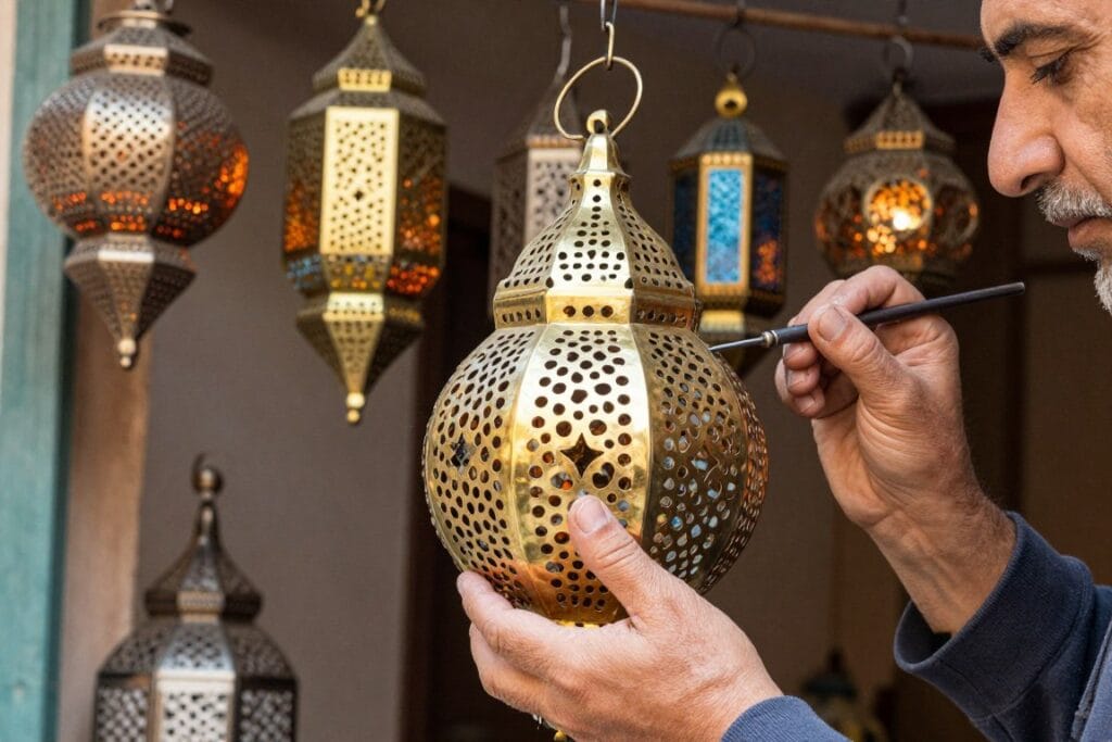 Artigiano al lavoro nel Souk Haddadine che crea lanterne in metallo traforato Artigiano al lavoro nel Souk Haddadine che crea lanterne in metallo traforato