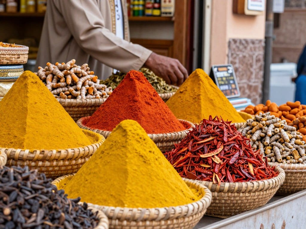 Bancarelle colorate di spezie nel Souk El Attarine di Marrakech Bancarelle colorate di spezie nel Souk El Attarine di Marrakech