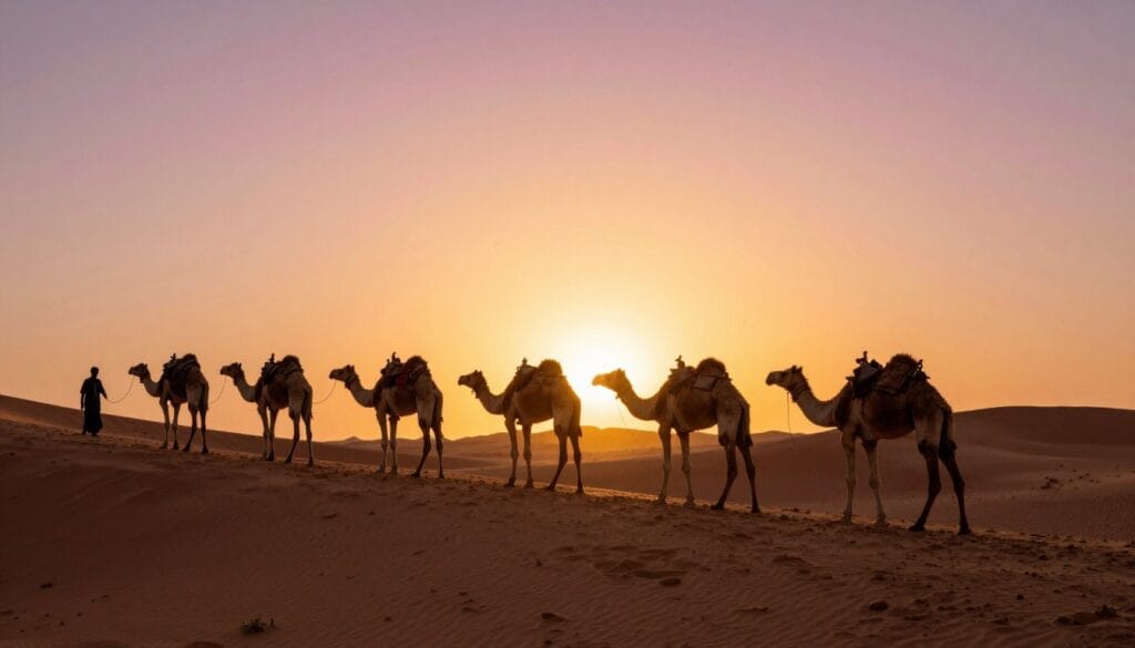 Carovana di cammelli attraversa le dune dorate del deserto al tramonto vicino a Marrakech, guida marrakech Carovana di cammelli attraversa le dune dorate del deserto al tramonto vicino a Marrakech, guida marrakech