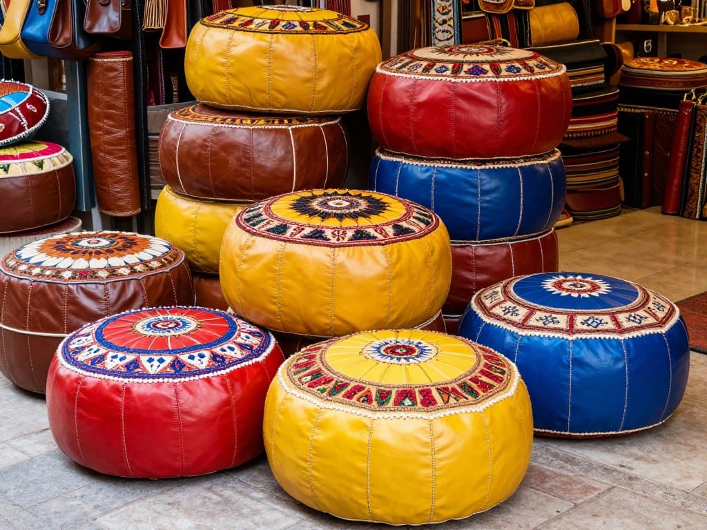 Colorati pouf in pelle esposti in un negozio del souk di Marrakech Colorati pouf in pelle esposti in un negozio del souk di Marrakech