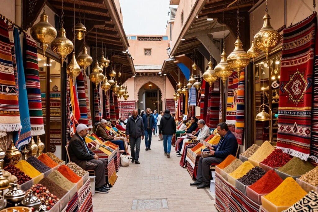Colorati souk di Marrakech con tappeti, lampade e artigianato locale, guida marrakech Colorati souk di Marrakech con tappeti, lampade e artigianato locale, guida marrakech