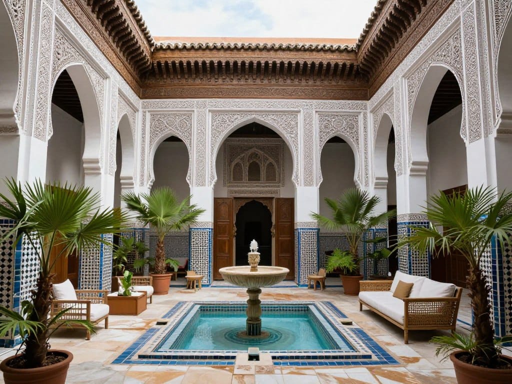 Cortile interno di un tradizionale riad marocchino con fontana e decorazioni elaborate, guida marrakech Cortile interno di un tradizionale riad marocchino con fontana e decorazioni elaborate, guida marrakech
