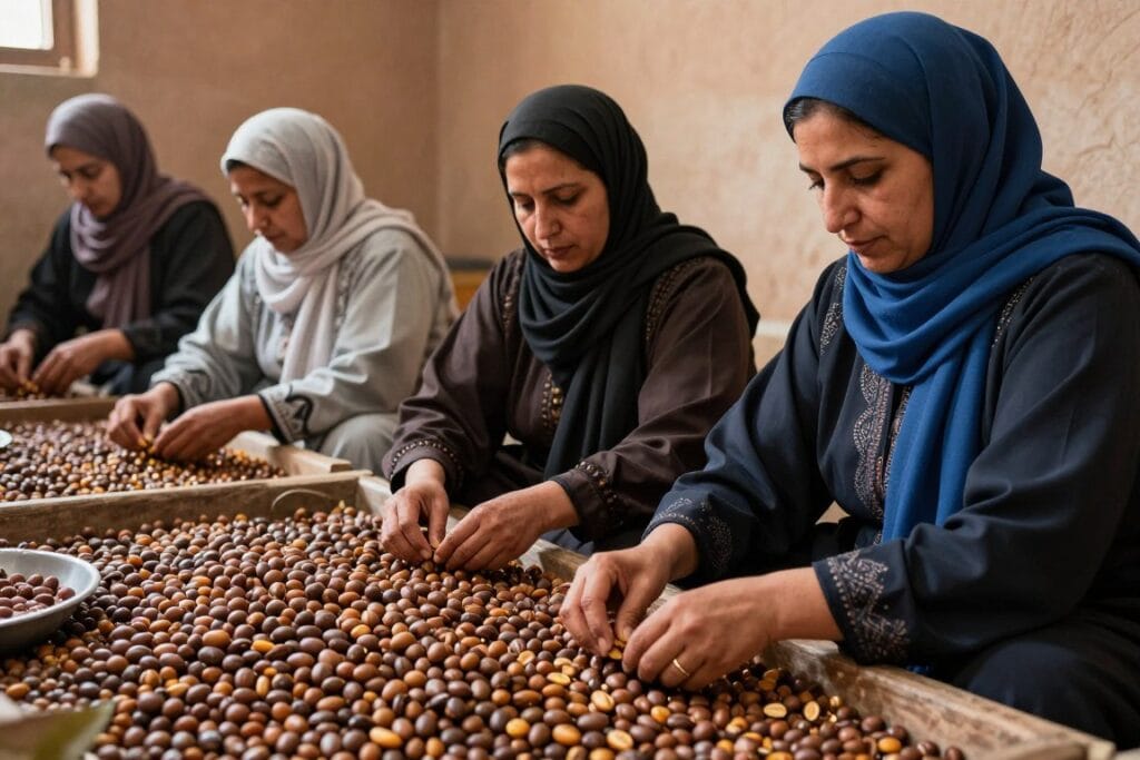 Donne berbere al lavoro in una cooperativa di olio di argan vicino a Marrakech Donne berbere al lavoro in una cooperativa di olio di argan vicino a Marrakech