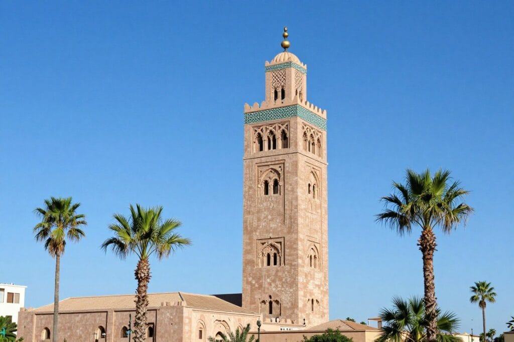 Il maestoso minareto della Moschea Koutoubia si staglia contro il cielo azzurro, guida marrakech Il maestoso minareto della Moschea Koutoubia si staglia contro il cielo azzurro, guida marrakech