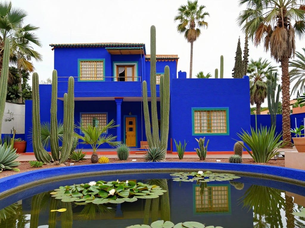 Il vivace blu Majorelle contrasta con le piante esotiche nel Giardino Majorelle, guida marrakech Il vivace blu Majorelle contrasta con le piante esotiche nel Giardino Majorelle, guida marrakech
