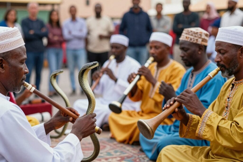 Incantatori di serpenti e musicisti tradizionali intrattengono i turisti a Piazza Jemaa el-Fna, guida marrakech Incantatori di serpenti e musicisti tradizionali intrattengono i turisti a Piazza Jemaa el-Fna, guida marrakech