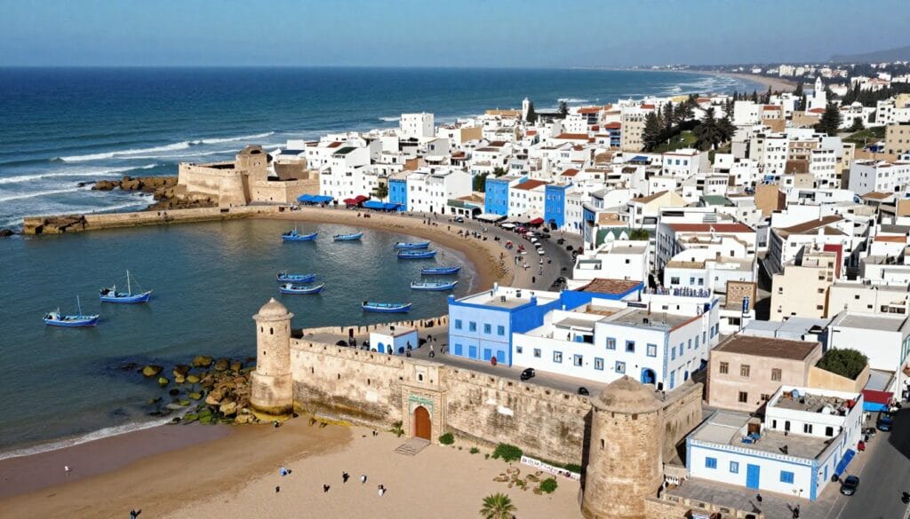 La pittoresca città costiera di Essaouira con le sue mura fortificate e barche da pesca colorate, guida marrakech La pittoresca città costiera di Essaouira con le sue mura fortificate e barche da pesca colorate, guida marrakech