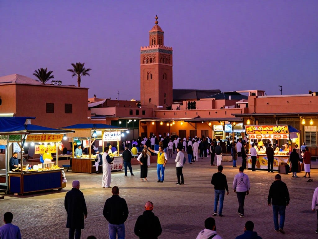 La vibrante Piazza Jemaa el-Fna al tramonto piena di gente, bancarelle e artisti di strada, guida marrakech La vibrante Piazza Jemaa el-Fna al tramonto piena di gente, bancarelle e artisti di strada, guida marrakech