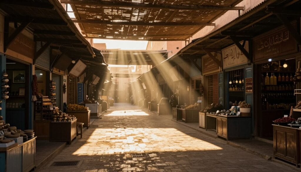 Luce pomeridiana che filtra attraverso le coperture dei souk di Marrakech creando un'atmosfera magica Luce pomeridiana che filtra attraverso le coperture dei souk di Marrakech creando un'atmosfera magica