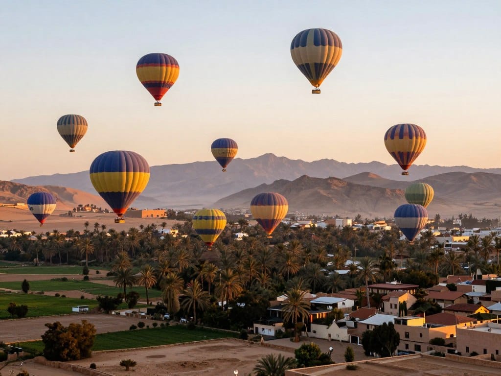 Mongolfiere colorate che si alzano nel cielo all'alba sopra il paesaggio di Marrakech, guida marrakech Mongolfiere colorate che si alzano nel cielo all'alba sopra il paesaggio di Marrakech, guida marrakech