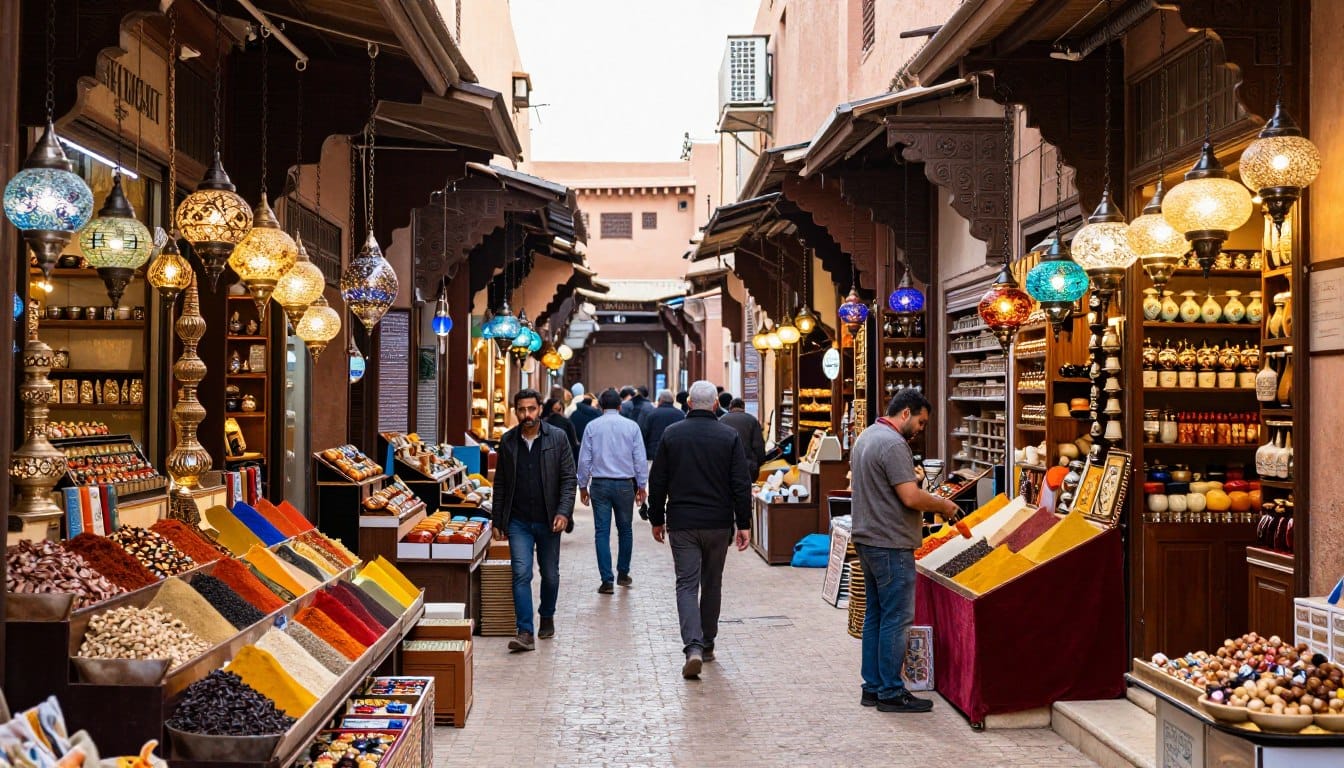 Panoramica colorata dei souk di Marrakech con bancarelle di spezie e artigianato