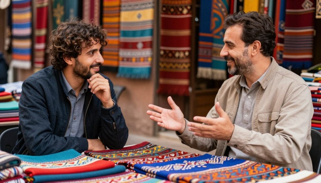 Scena di contrattazione tra un turista e un venditore nel souk di Marrakech Scena di contrattazione tra un turista e un venditore nel souk di Marrakech