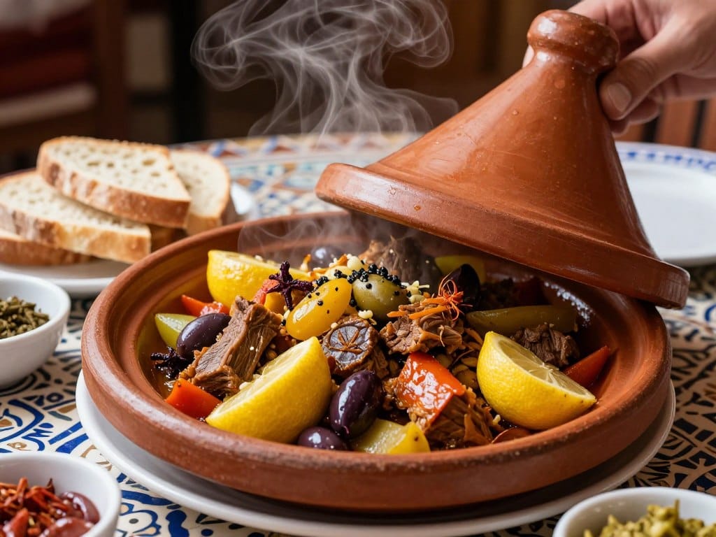 Tajine marocchino tradizionale con carne, verdure e spezie servito in un ristorante di Marrakech, guida marrakech Tajine marocchino tradizionale con carne, verdure e spezie servito in un ristorante di Marrakech, guida marrakech