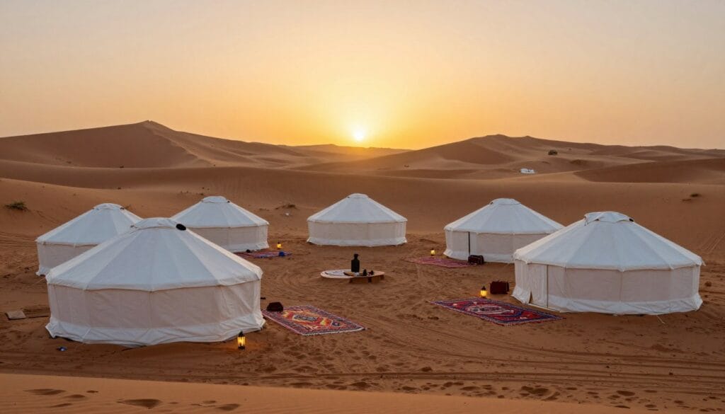 Tende berbere tradizionali nel deserto di Merzouga al tramonto, guida marrakech Tende berbere tradizionali nel deserto di Merzouga al tramonto, guida marrakech