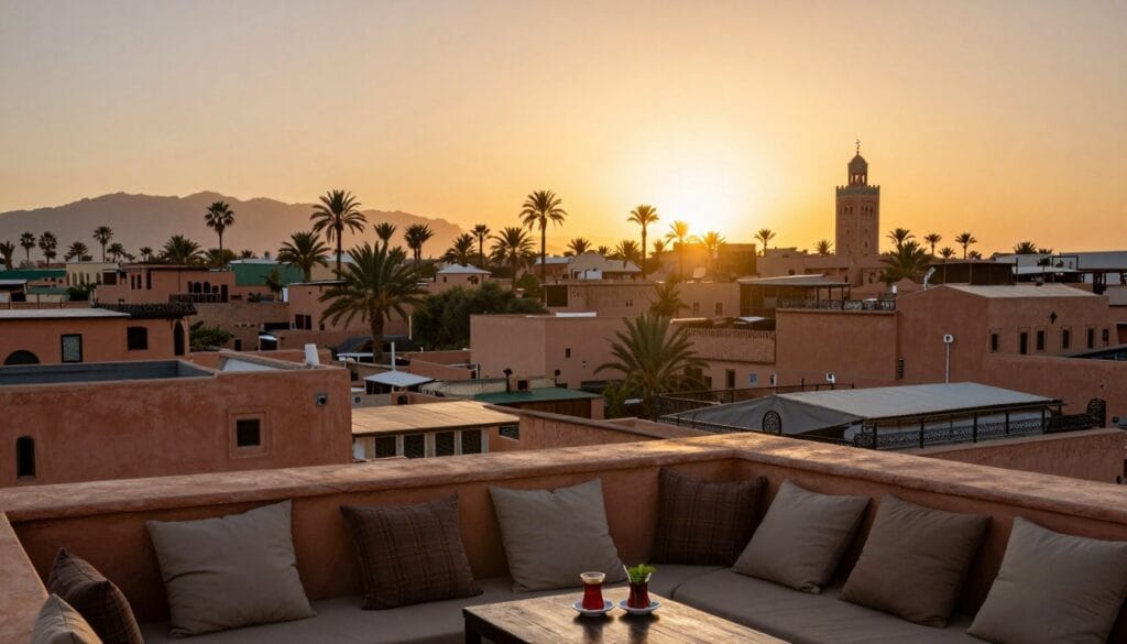 Tramonto sulla Medina di Marrakech con vista dai tetti, guida marrakech Tramonto sulla Medina di Marrakech con vista dai tetti, guida marrakech