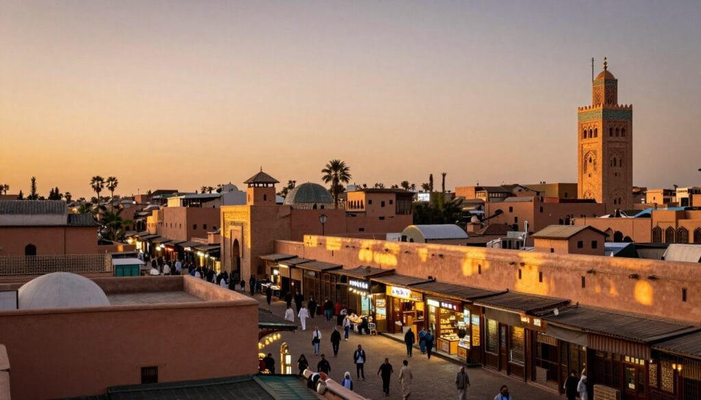 Tramonto sulla medina di Marrakech con i souk illuminati e vita locale Tramonto sulla medina di Marrakech con i souk illuminati e vita locale