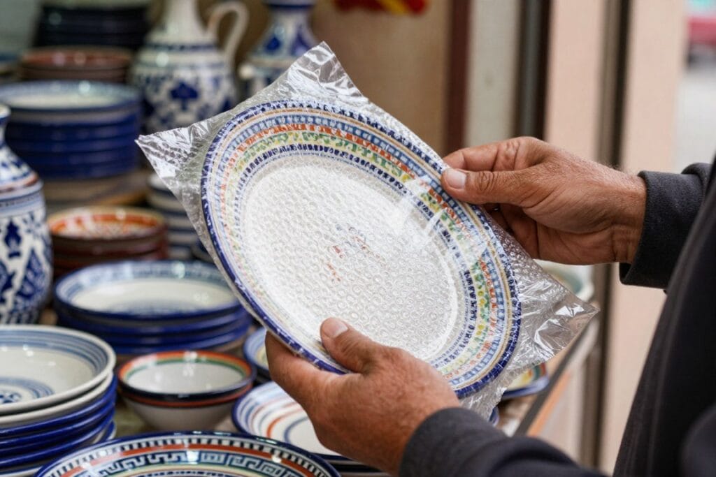 Venditore che impacchetta con cura ceramiche acquistate da turisti nel souk di Marrakech Venditore che impacchetta con cura ceramiche acquistate da turisti nel souk di Marrakech