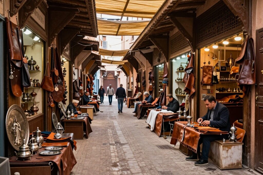 Vicoli stretti e coperti del souk di Marrakech con negozi di artigianato Vicoli stretti e coperti del souk di Marrakech con negozi di artigianato