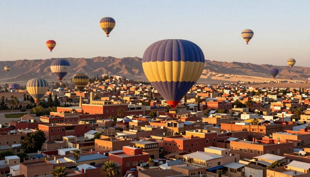 Volo in mongolfiera all'alba sopra Marrakech con vista sulle montagne dell'Atlante, guida marrakech Volo in mongolfiera all'alba sopra Marrakech con vista sulle montagne dell'Atlante, guida marrakech