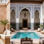 Quando Visitare Marrakech: Clima Meteo Periodo Migliore 2026 1 Confronto tra un semplice riad budget e un lussuoso riad con piscina a Marrakech, mostrando le differenze di marrakech budget vs lusso